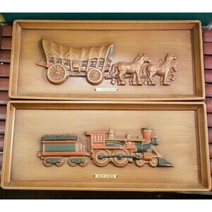 Vintage Mid Century Iron Horse & Covered Wagon Wall Plaques WT Grant Co 16"x7"